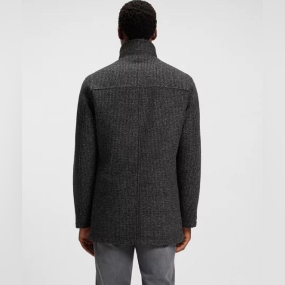 HUGO BOSS Coxtan Virgin Tweed Wool Blend Coat With Bib Charcoal Sz 46R Car Coat - Picture 2 of 16